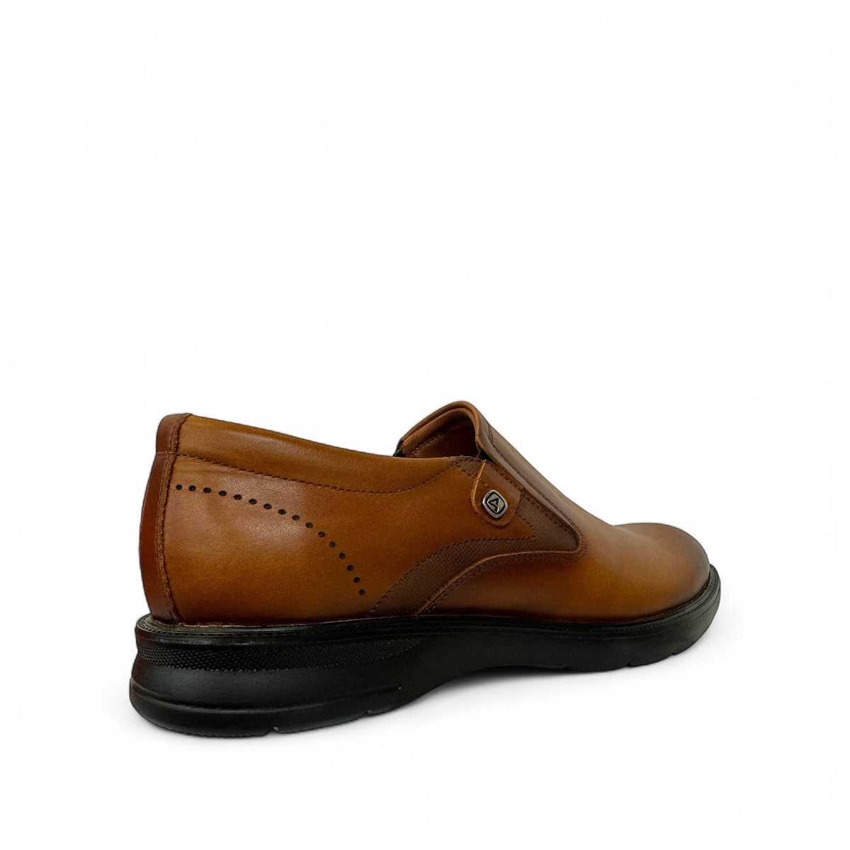 Atropat Aghdasieh brown leather slip-on shoe with handmade stitching and durable black rubber outsole. Photo of back view 1.