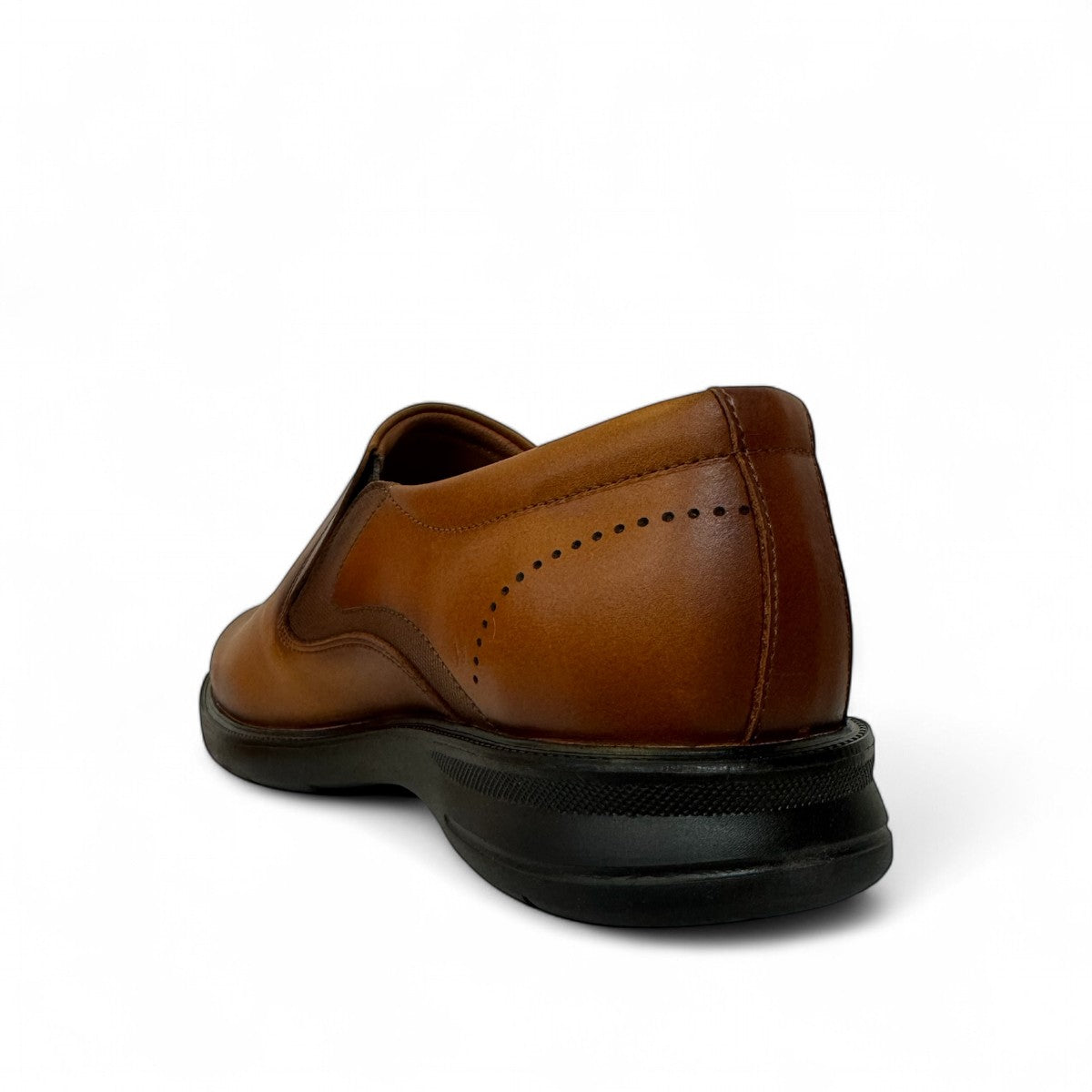 Atropat Aghdasieh brown leather slip-on shoe with handmade stitching and durable black rubber outsole. Photo of back view 2.