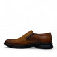 Atropat Aghdasieh brown leather slip-on shoe with handmade stitching and durable black rubber outsole. Photo of inside side view.