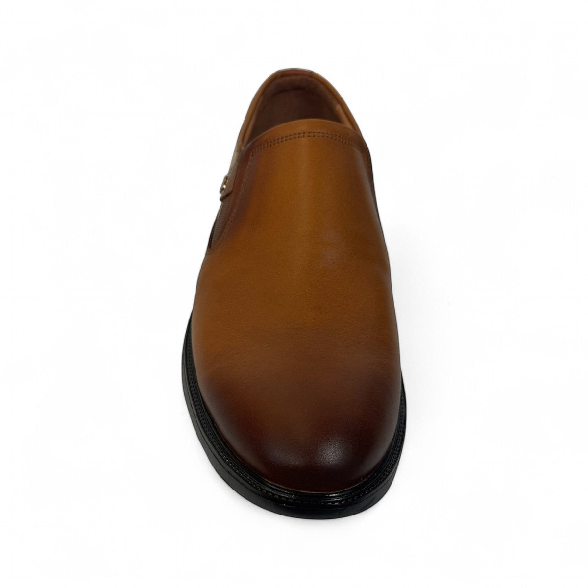 Atropat Aghdasieh brown leather slip-on shoe with handmade stitching and durable black rubber outsole. Photo of front view.