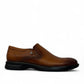 Atropat Aghdasieh brown leather slip-on shoe with handmade stitching and durable black rubber outsole. Photo of outside side view.