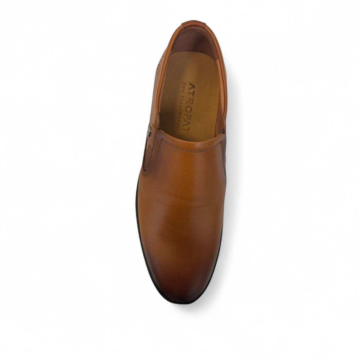 Atropat Aghdasieh brown leather slip-on shoe with handmade stitching and durable black rubber outsole. Photo of upper view.
