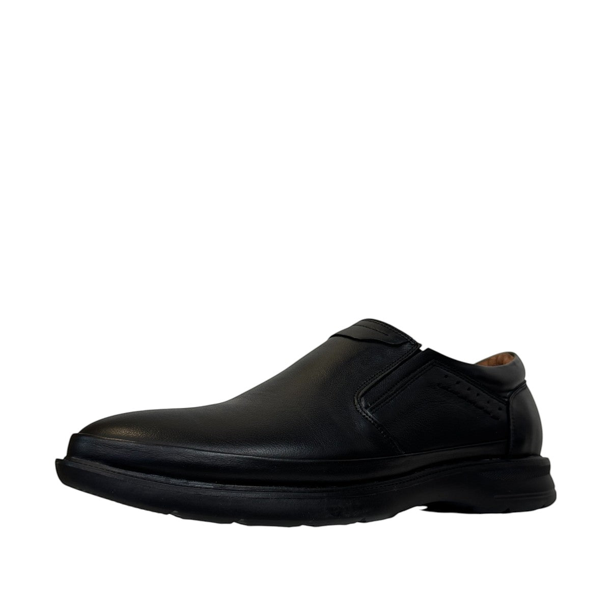 Atropat Azarbad black leather slip-on shoes with handmade stitching and durable rubber outsole. Photo of side view at an angle.
