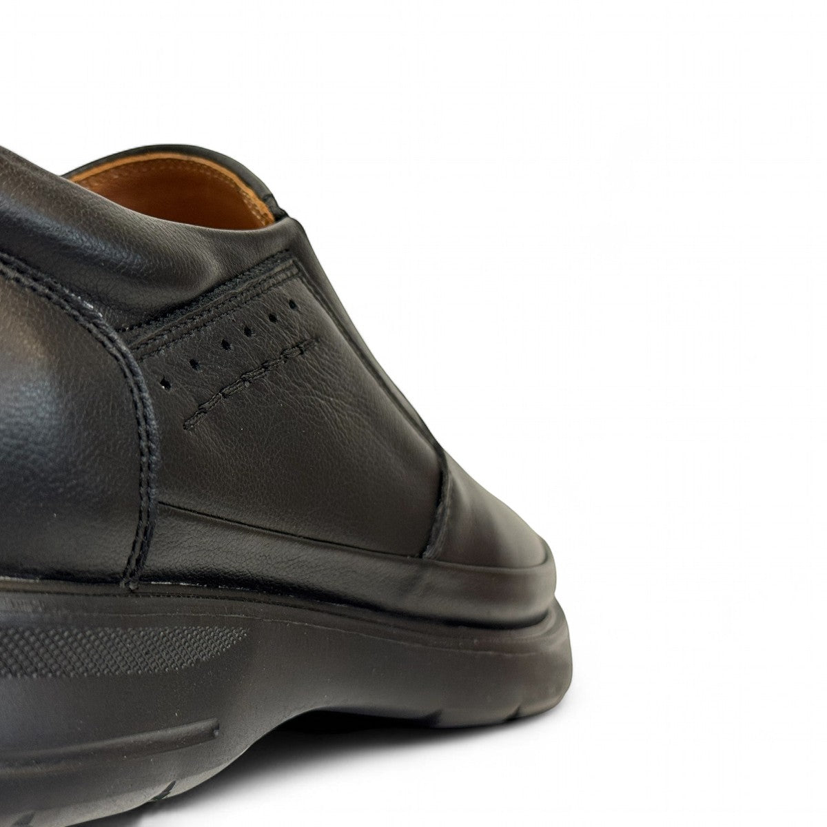 Atropat Azarbad black leather slip-on shoes with handmade stitching and durable rubber outsole. Photo of back side view 1.