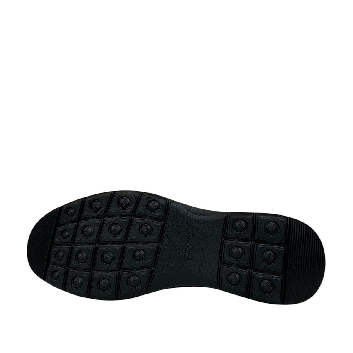 Atropat Azarbad black leather slip-on shoes with handmade stitching and durable rubber outsole. Photo of bottom view.