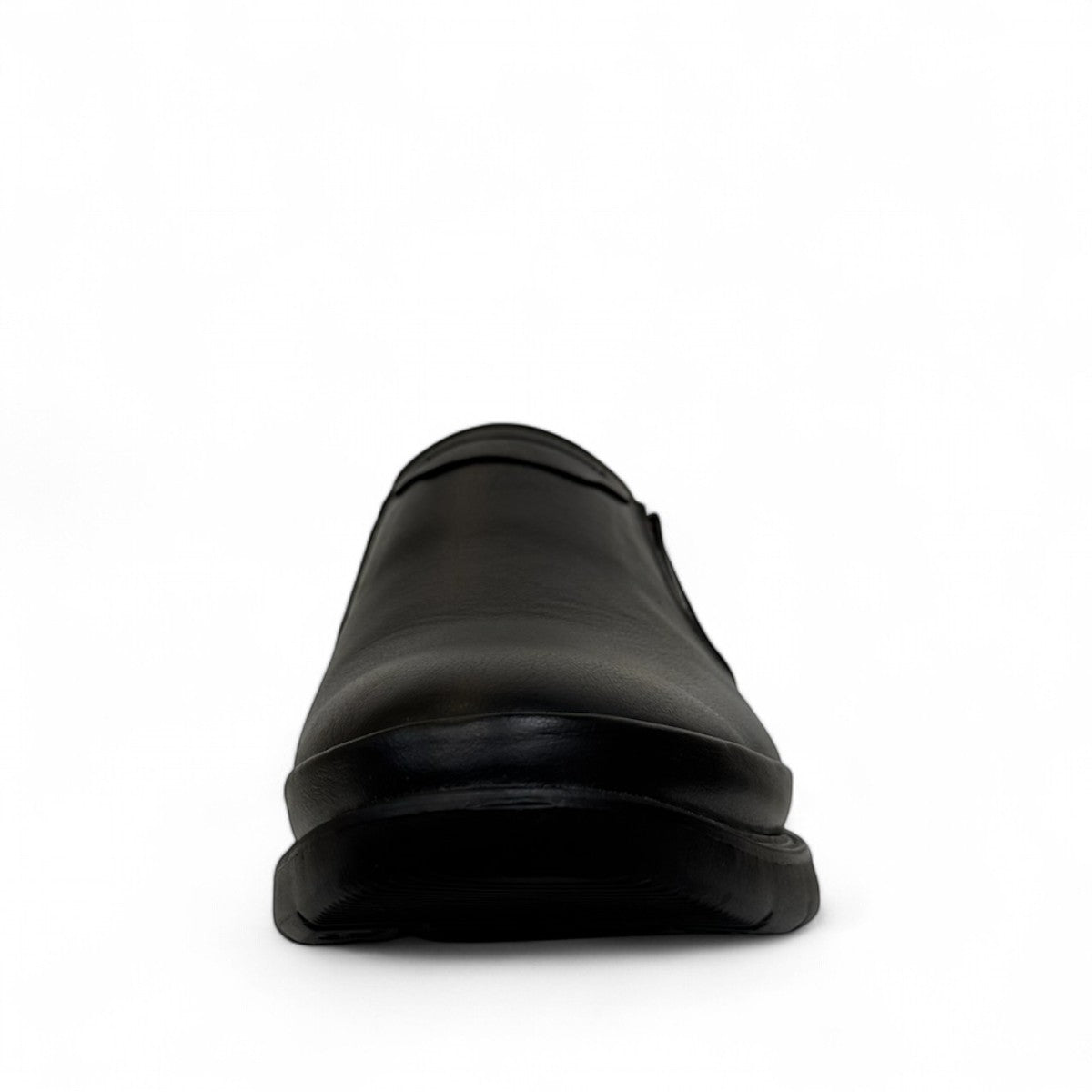 Atropat Azarbad black leather slip-on shoes with handmade stitching and durable rubber outsole. Photo of front view.
