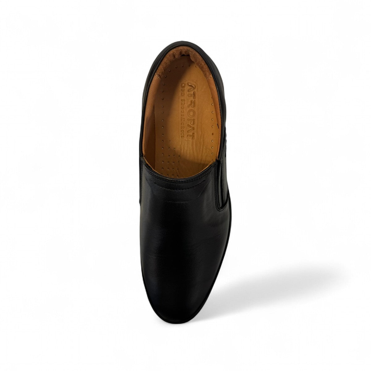 Atropat Azarbad black leather slip-on shoes with handmade stitching and durable rubber outsole. Photo of upper view.