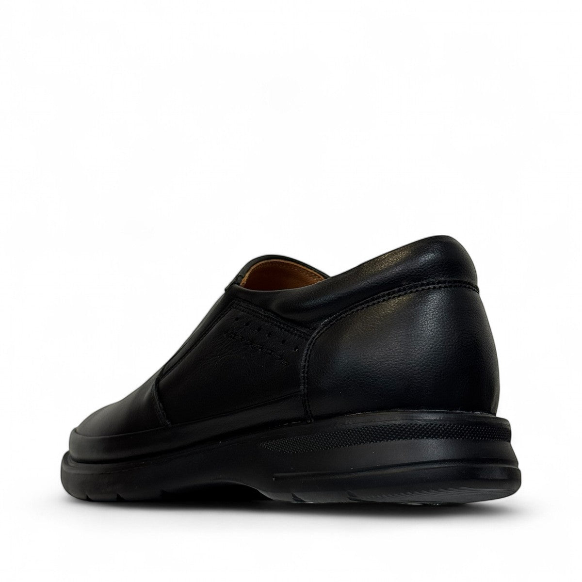 Atropat Azarbad black leather slip-on shoes with handmade stitching and durable rubber outsole. Photo of back side view 2.
