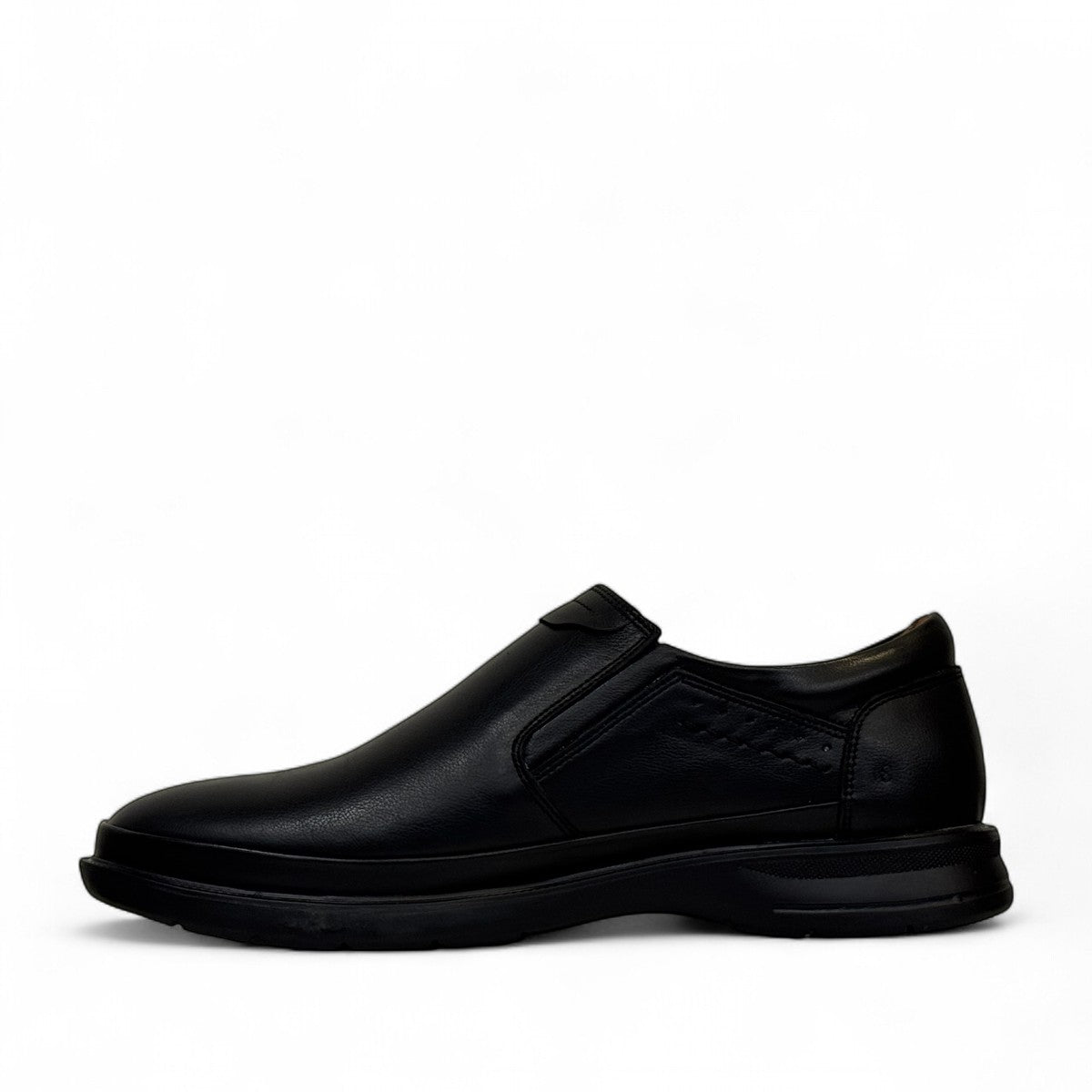 Atropat Azarbad black leather slip-on shoes with handmade stitching and durable rubber outsole. Photo of inside side view.