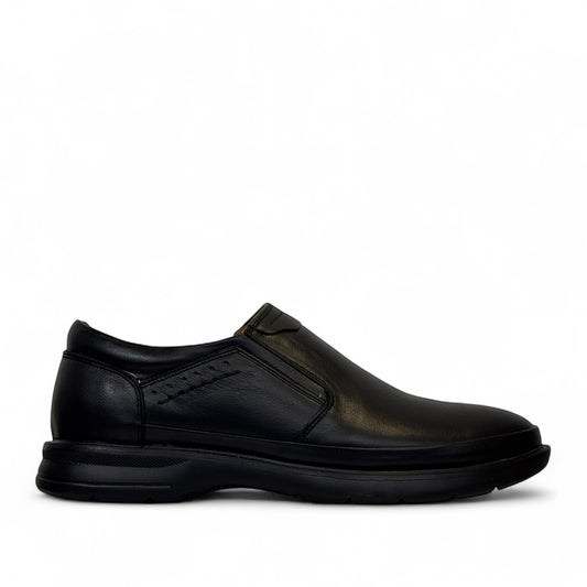 Atropat Azarbad black leather slip-on shoes with handmade stitching and durable rubber outsole. Photo of outside side view.