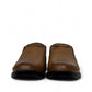 Atropat Azarbad brown leather slip-on shoes with handmade stitching and a durable black rubber sole. Photo of front view.