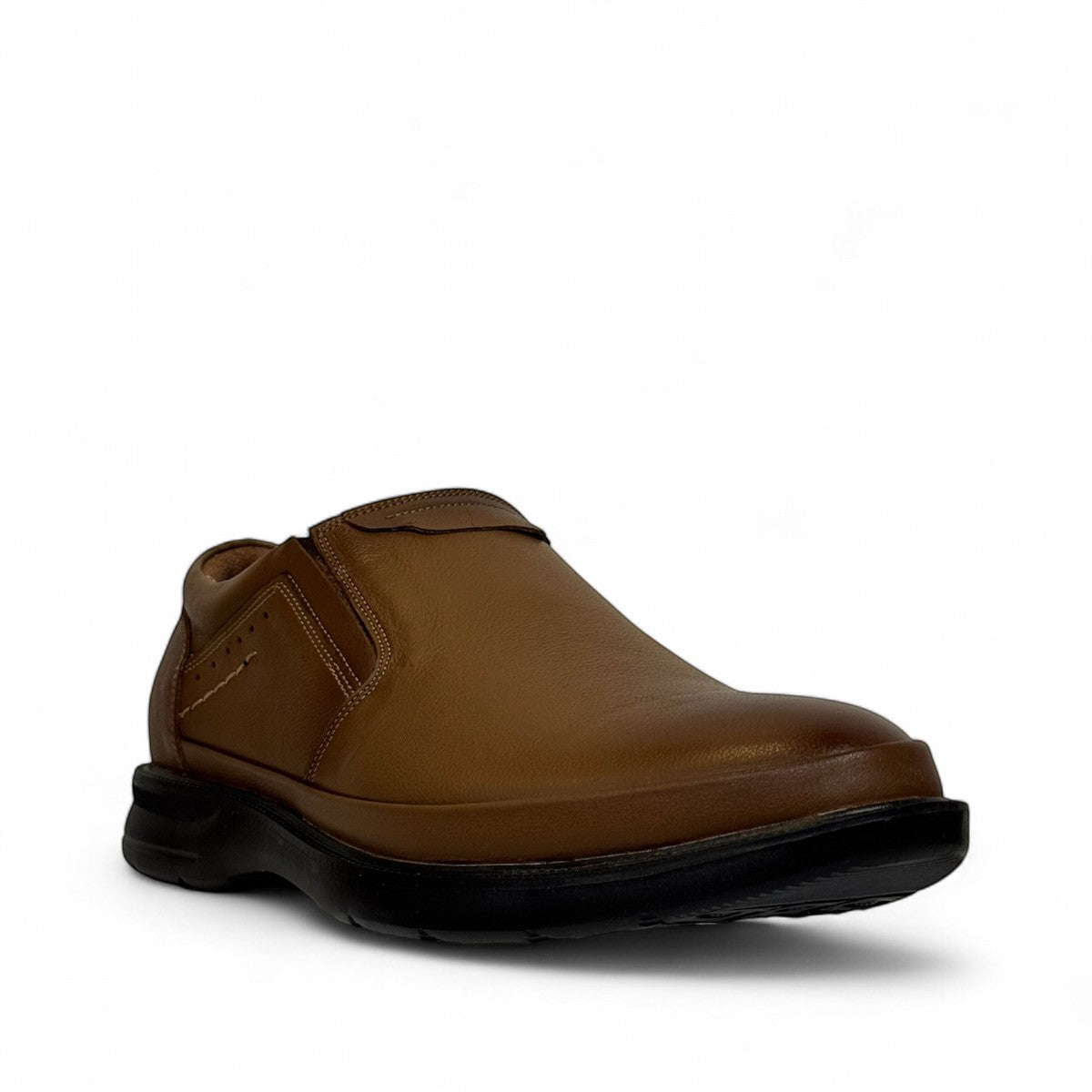 Atropat Azarbad brown leather slip-on shoes with handmade stitching and a durable black rubber sole. Photo of front view at an angle.