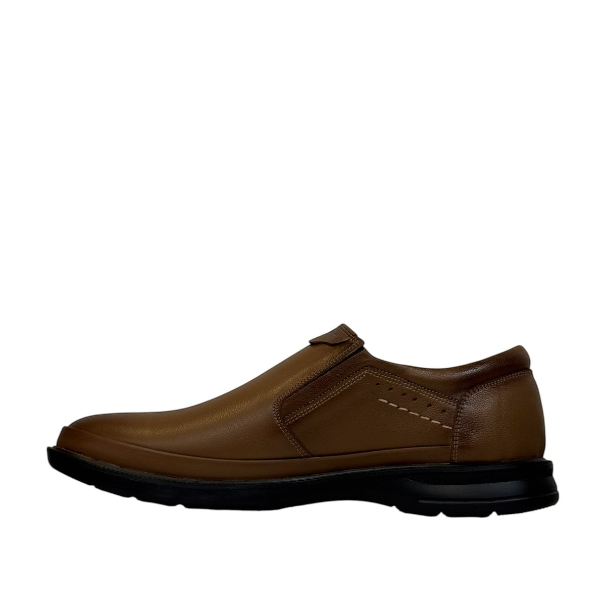 Atropat Azarbad brown leather slip-on shoes with handmade stitching and a durable black rubber sole. Photo of inside side view.