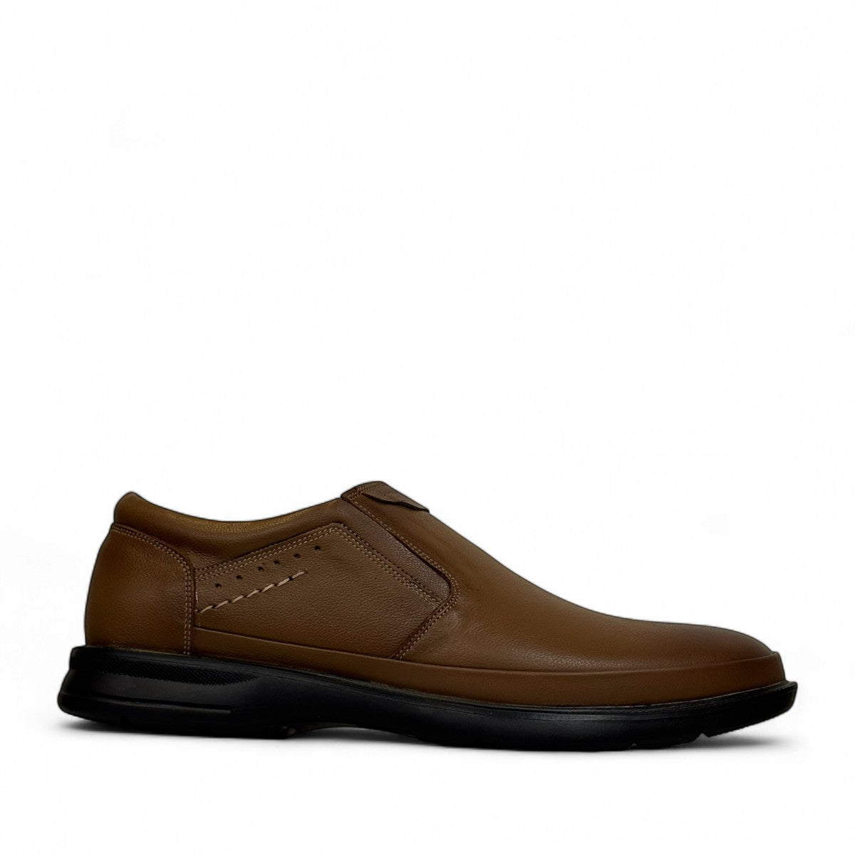 Atropat Azarbad brown leather slip-on shoes with handmade stitching and a durable black rubber sole. Photo of outside side view.
