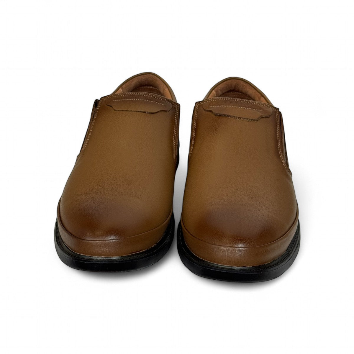 Atropat Azarbad brown leather slip-on shoes with handmade stitching and a durable black rubber sole. Photo of outer top view.
