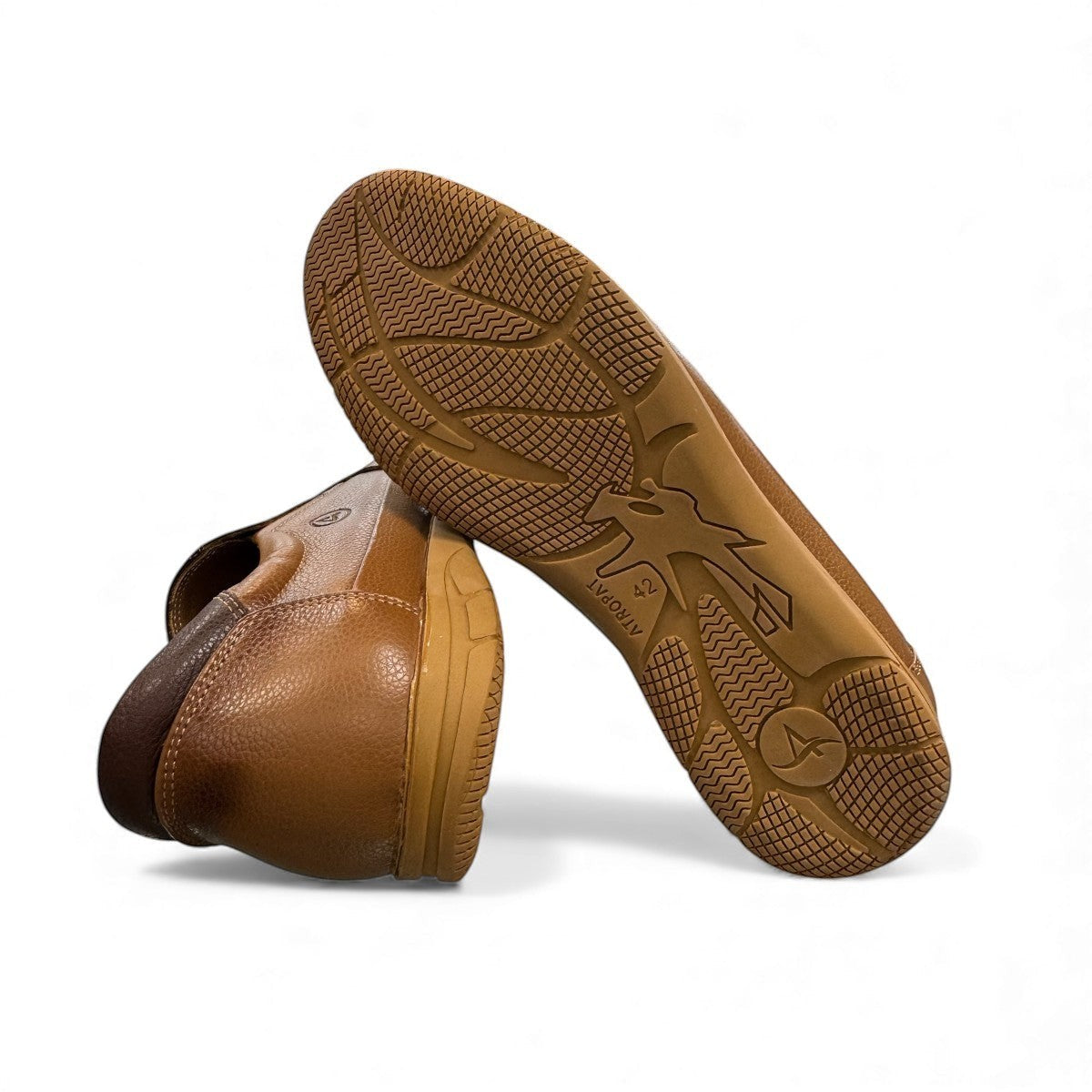 Atropat Bahar brown genuine leather slip-on shoes with handmade stitching and durable rubber outsole. Photo of bottom view.