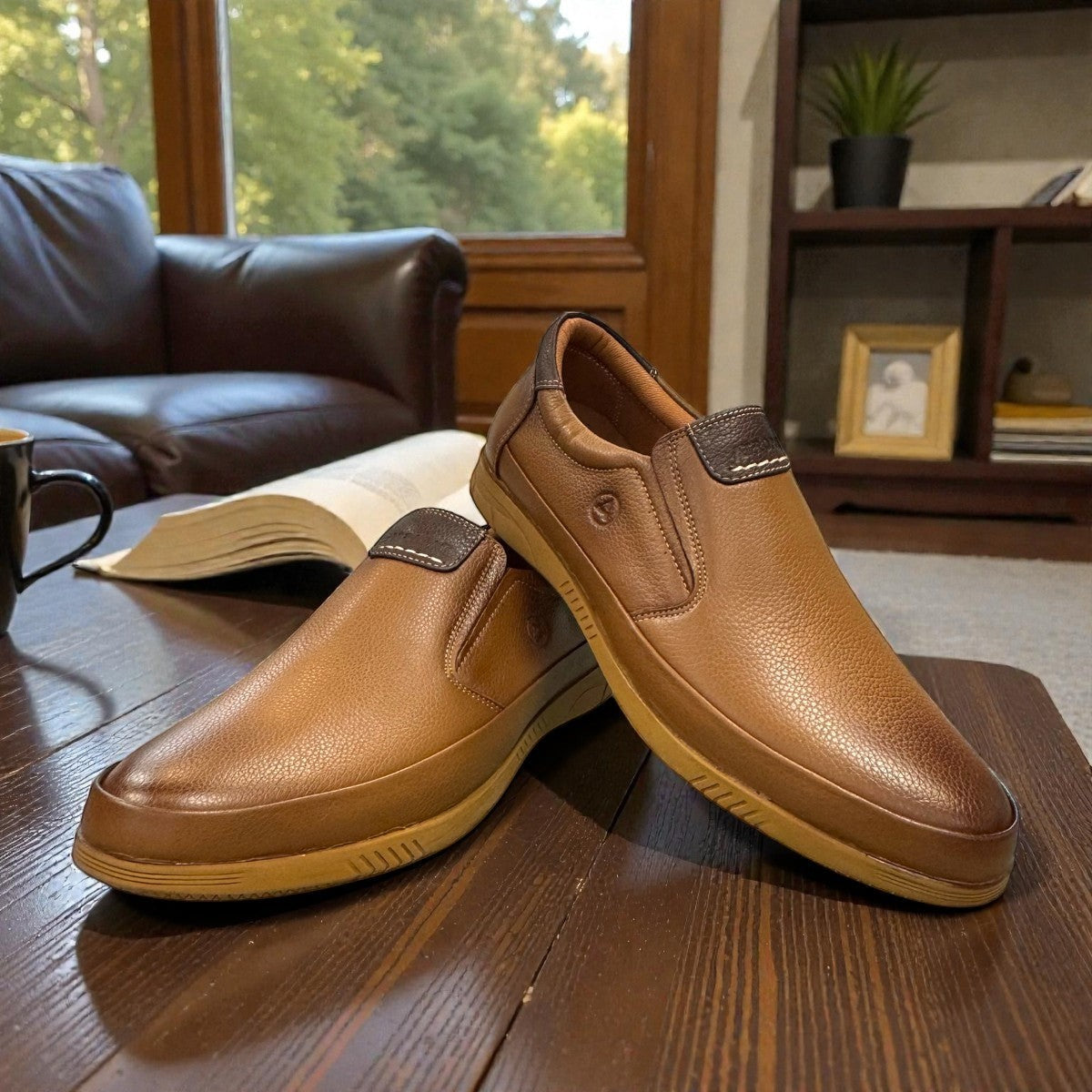 Atropat Bahar brown genuine leather slip-on shoes with handmade stitching and durable rubber outsole. Photo of front view 1.