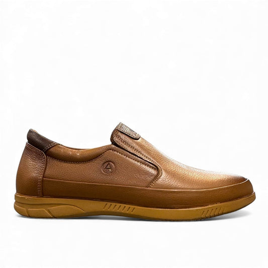 Atropat Bahar brown genuine leather slip-on shoes with handmade stitching and durable rubber outsole. Photo of outside side view.