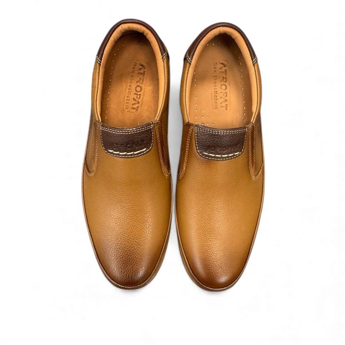 Atropat Bahar brown genuine leather slip-on shoes with handmade stitching and durable rubber outsole. Photo of upper view.