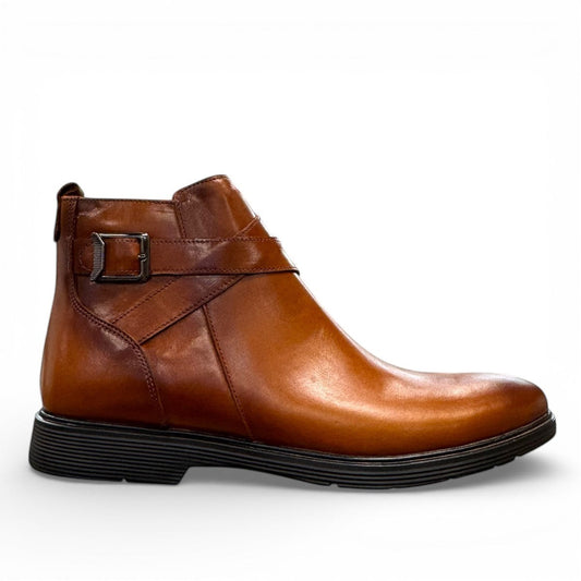 Brown leather ankle boots with a side buckle strap and durable rubber sole for formal wear. Photo of outside side view.