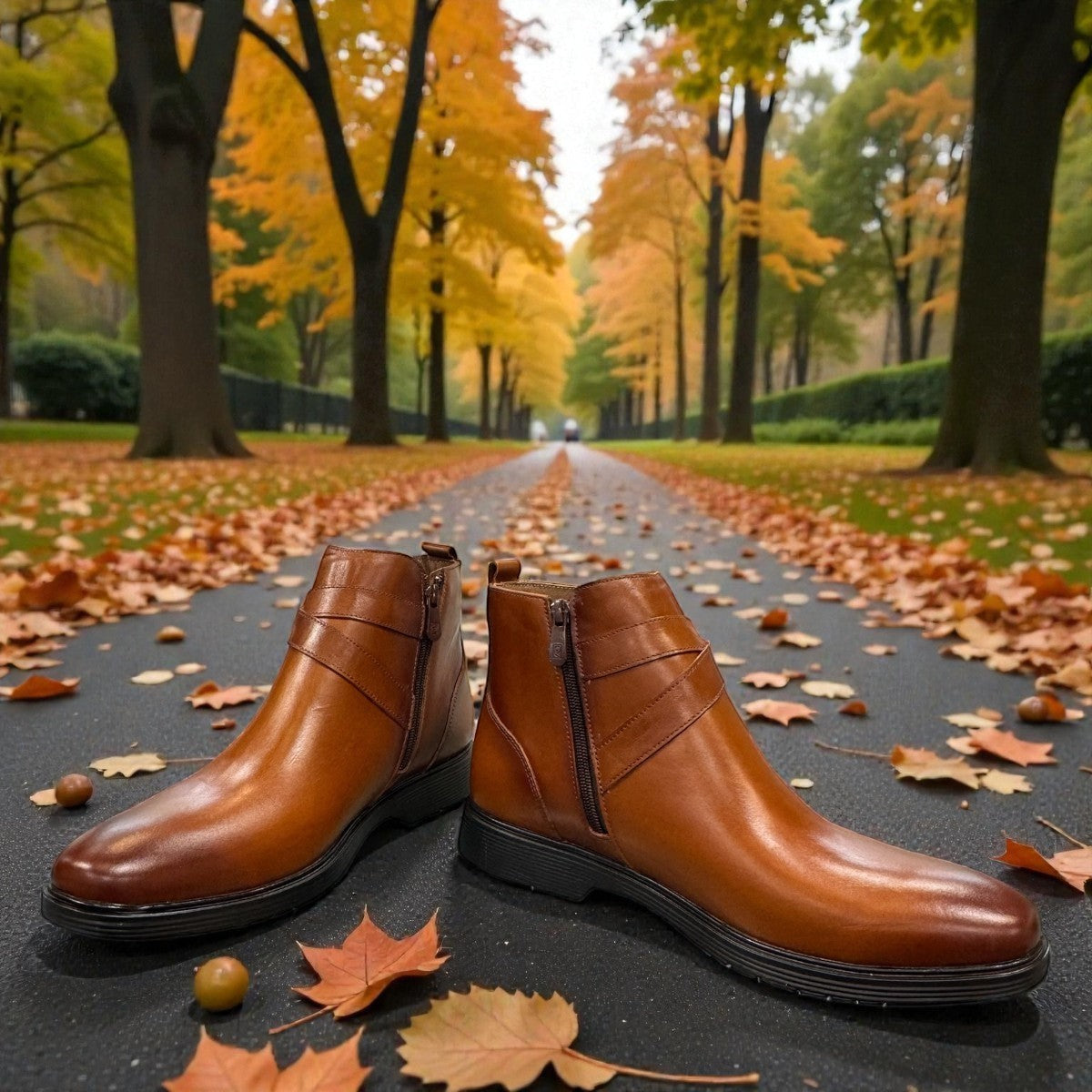 Brown leather ankle boots with a side buckle strap and durable rubber sole for formal wear. Photo of front view at an angle.