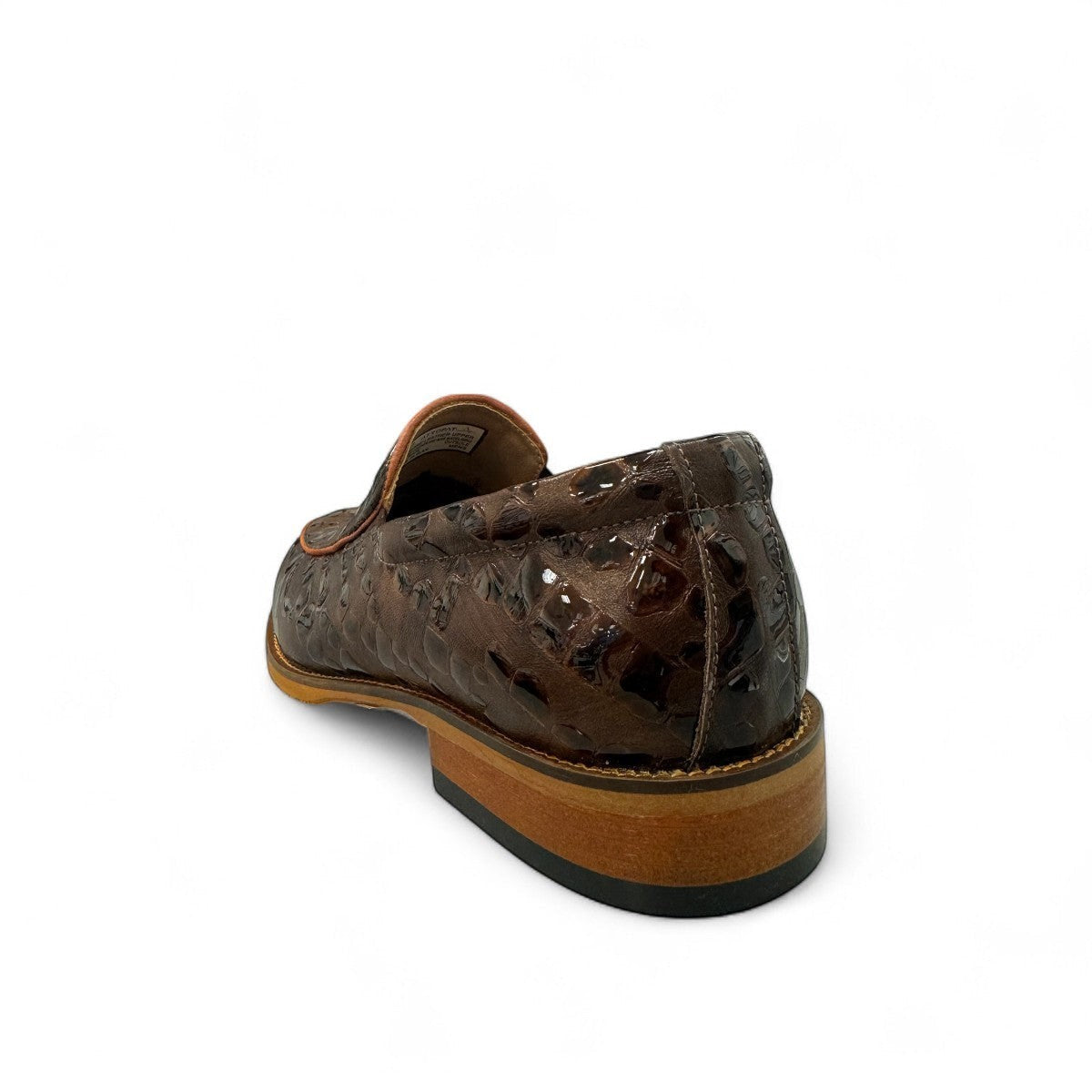 Atropat Diyan brown marble leather loafers with handmade stitching and durable rubber outsole. Photo of side view from the back.