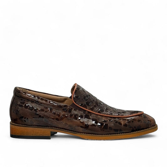 Atropat Diyan brown marble leather loafers with handmade stitching and durable rubber outsole. Photo of left side view.