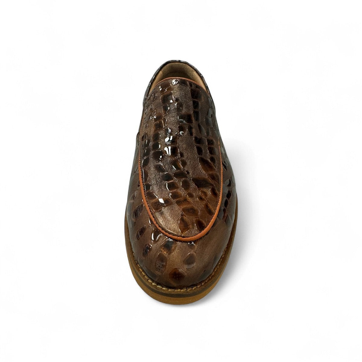 Atropat Diyan brown marble leather loafers with handmade stitching and durable rubber outsole. Photo of front view.