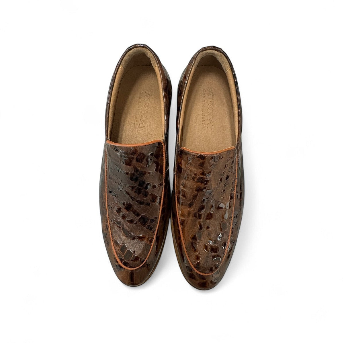 Atropat Diyan brown marble leather loafers with handmade stitching and durable rubber outsole. Photo of upper view.