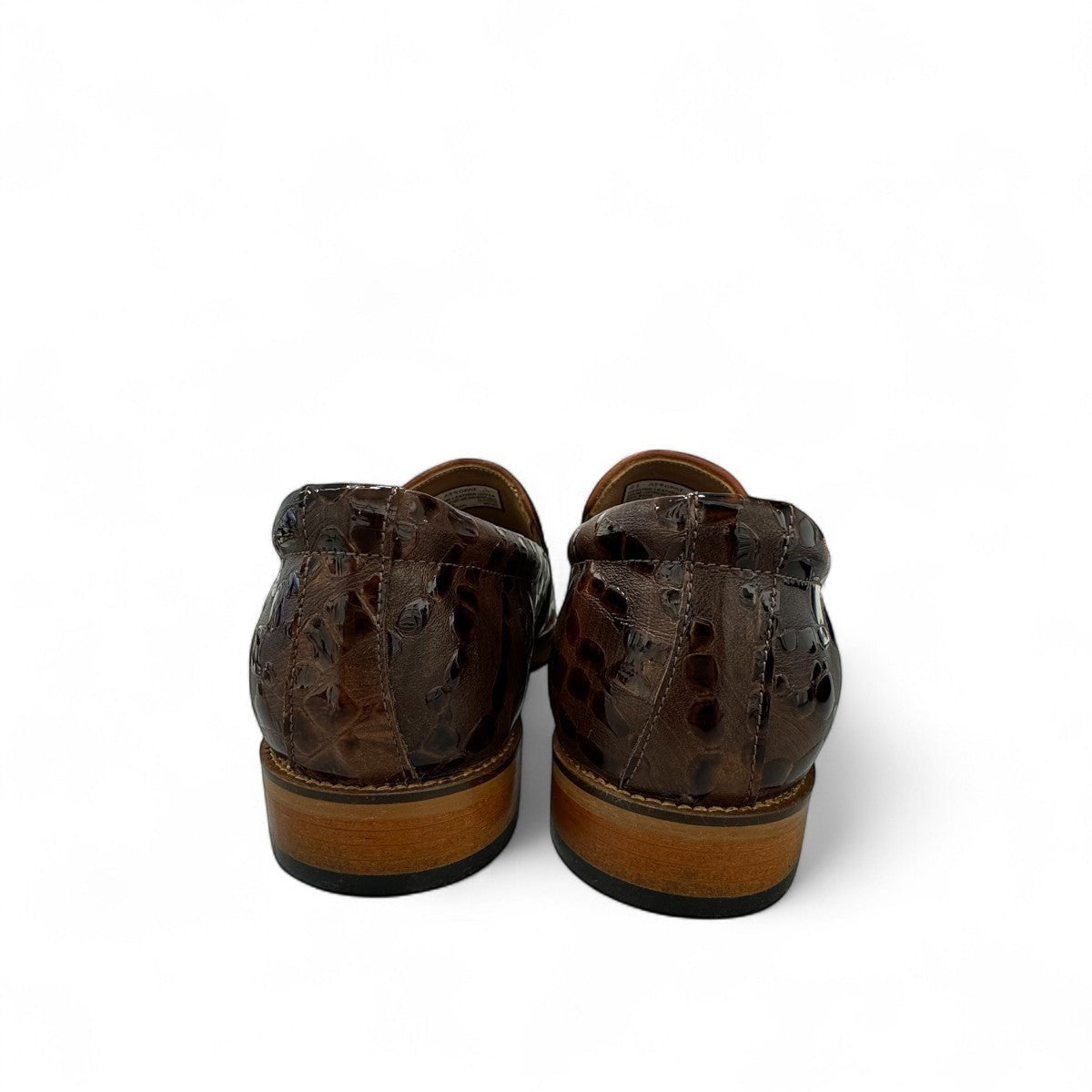 Atropat Diyan brown marble leather loafers with handmade stitching and durable rubber outsole. Photo of back view.
