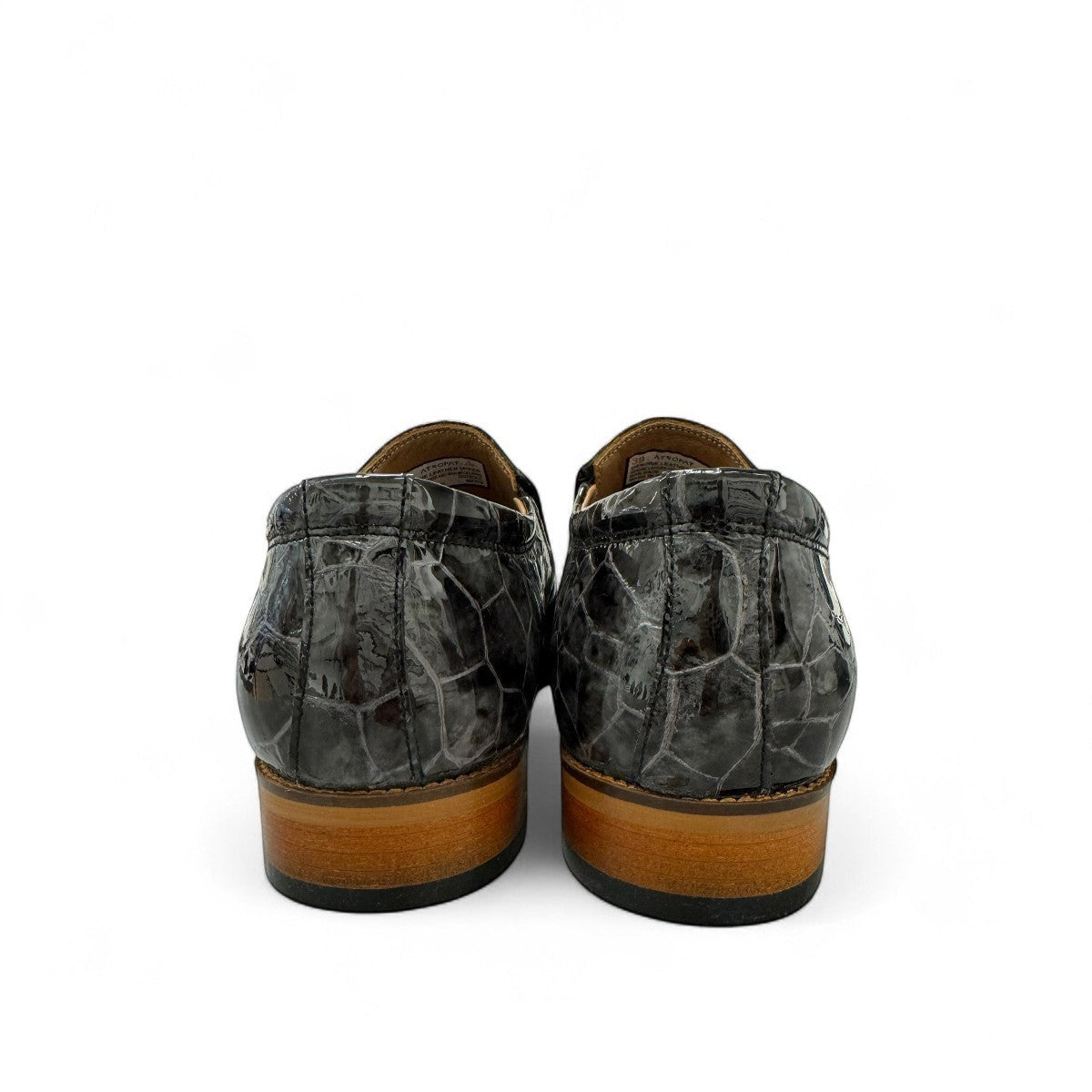 Atropat Diyan grey marble patent leather slip-on dress shoe with a durable rubber outsole. Photo of back view.