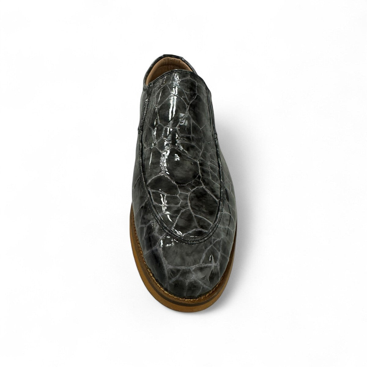 Atropat Diyan grey marble patent leather slip-on dress shoe with a durable rubber outsole. Photo of front view.