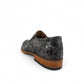 Atropat Diyan grey marble patent leather slip-on dress shoe with a durable rubber outsole. Photo of side view from the back.