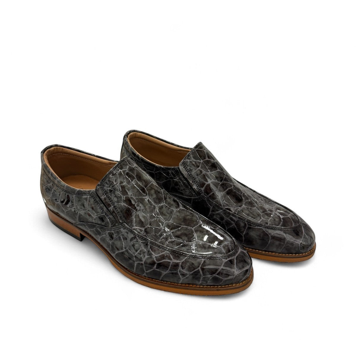 Atropat Diyan grey marble patent leather slip-on dress shoe with a durable rubber outsole. Photo of upper view.