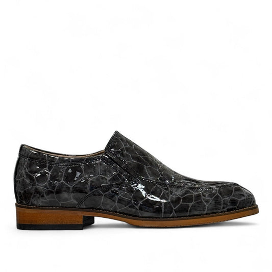 Atropat Diyan grey marble patent leather slip-on dress shoe with a durable rubber outsole. Photo of left side view.