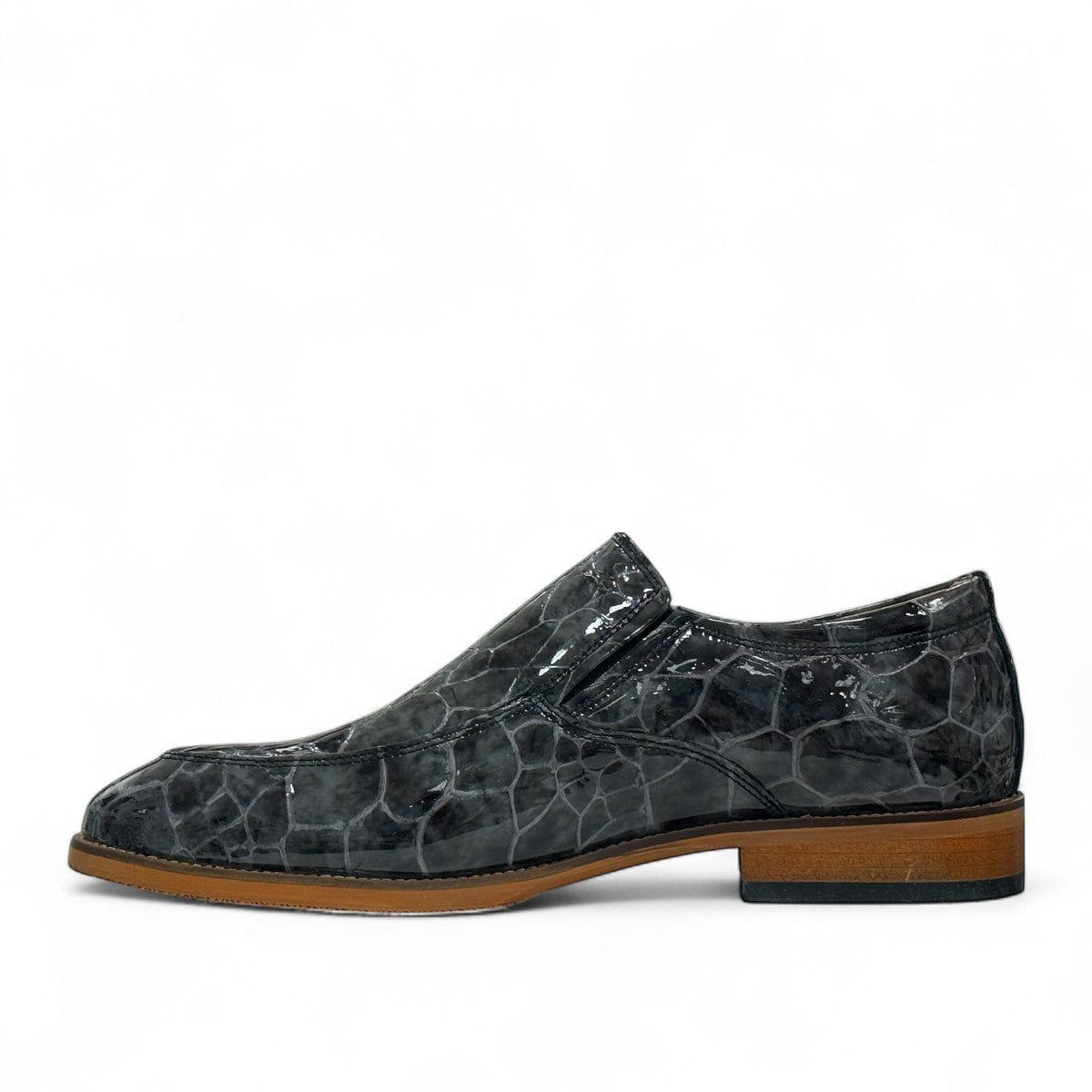 Atropat Diyan grey marble patent leather slip-on dress shoe with a durable rubber outsole. Photo of right side view.
