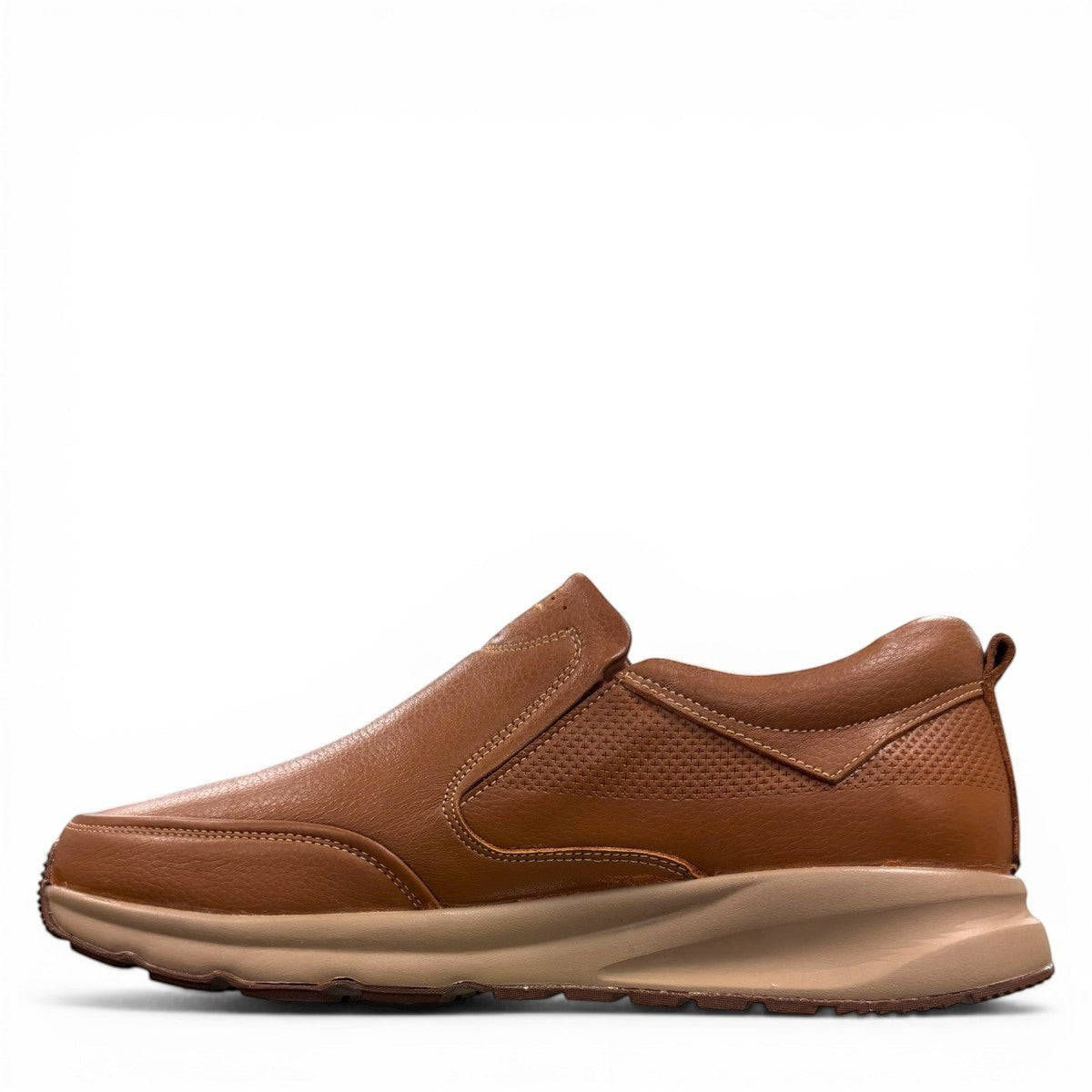 Atropat Kaya brown leather slip-on shoes with textured upper, rubber sole, and handmade stitching. Photo of right side view.