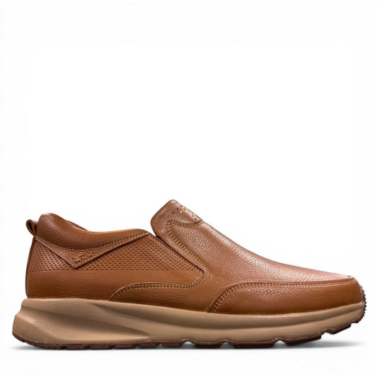 Atropat Kaya brown leather slip-on shoes with textured upper, rubber sole, and handmade stitching. Photo of left side view.