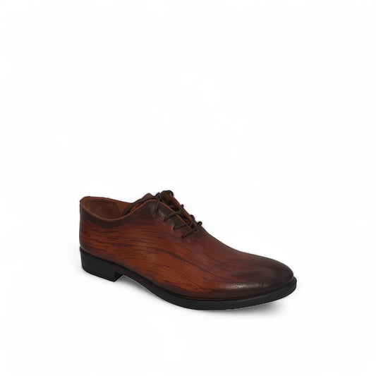 Atropat Kellyi brown leather lace-up dress shoe with polished finish and subtle handmade stitching details. Photo of front view.