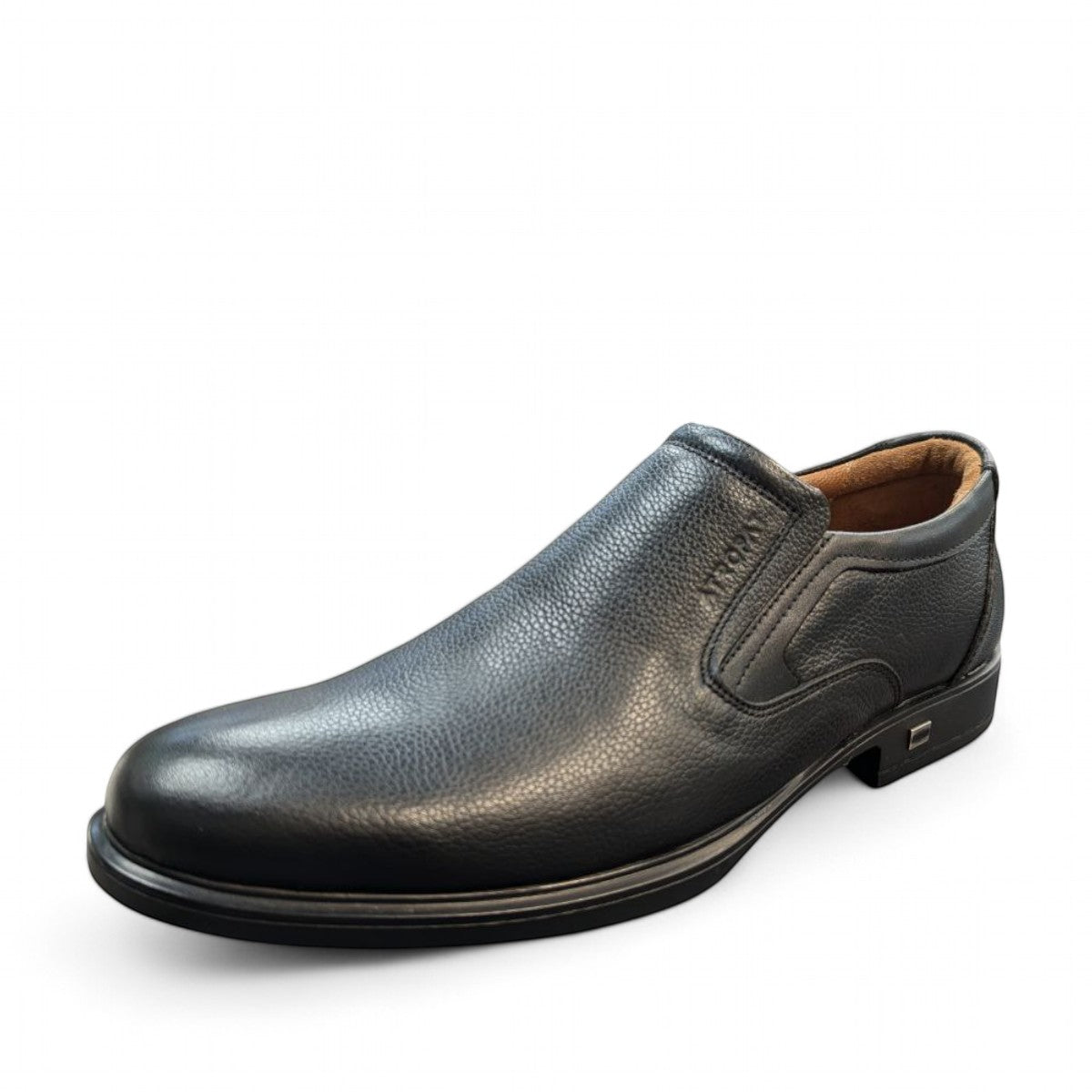 Atropat Lalehzar black genuine leather slip-on shoe with handmade stitching and rubber outsole. Photo of upper view.