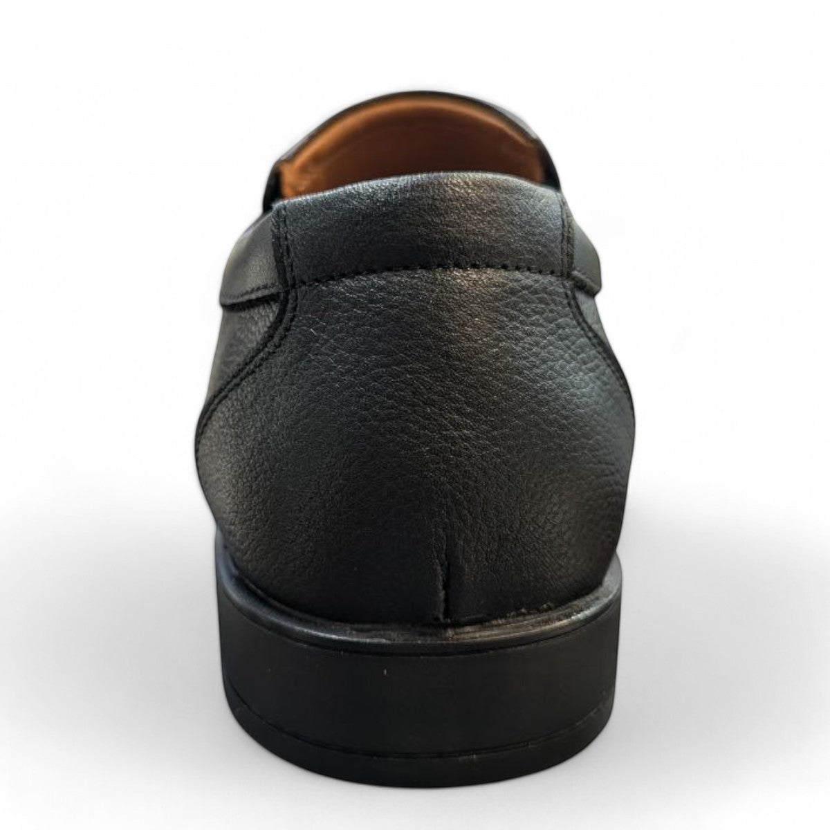 Atropat Lalehzar black genuine leather slip-on shoe with handmade stitching and rubber outsole. Photo of back view.
