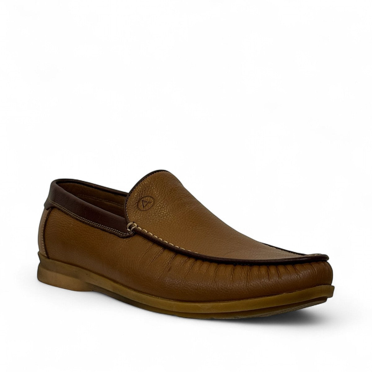 Atropat Molana  brown genuine leather loafers with subtle handmade stitching and a durable rubber outsole. Photo of side view at an angle.