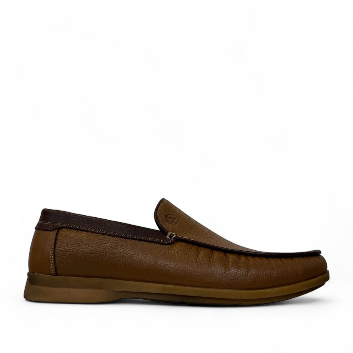 Atropat Molana  brown genuine leather loafers with subtle handmade stitching and a durable rubber outsole. Photo of outside side view.
