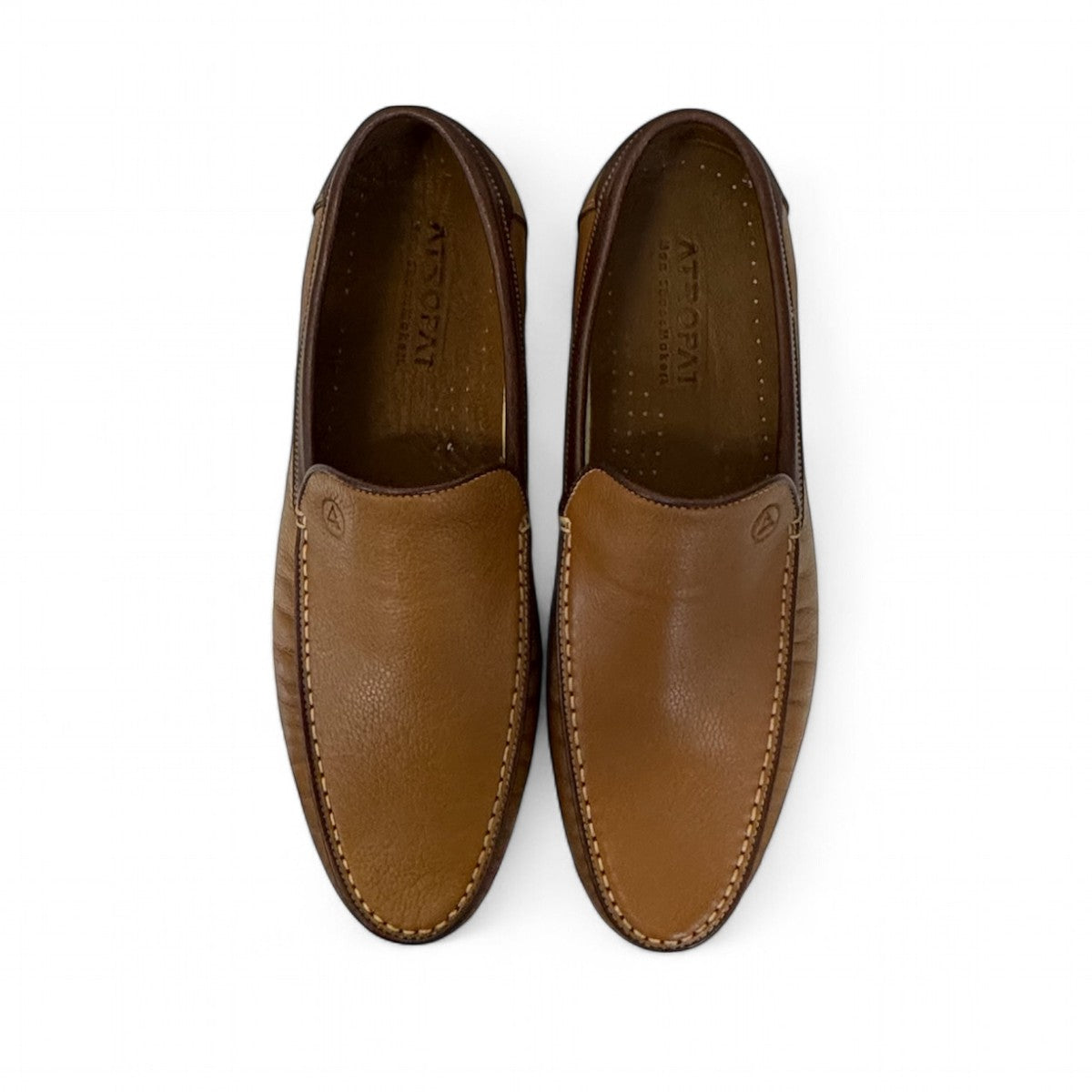 Atropat Molana  brown genuine leather loafers with subtle handmade stitching and a durable rubber outsole. Photo of upper view.