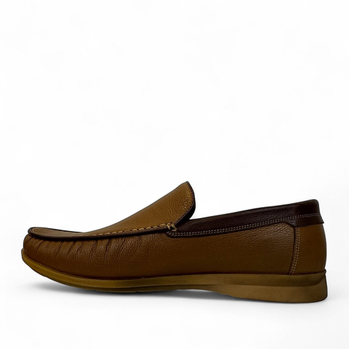 Atropat Molana  brown genuine leather loafers with subtle handmade stitching and a durable rubber outsole. Photo of inside side view.