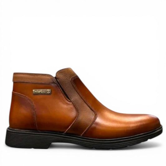 Atropat Nezami 2 brown genuine leather ankle boots with handmade stitching and rubber outsole. Photo of left side view.