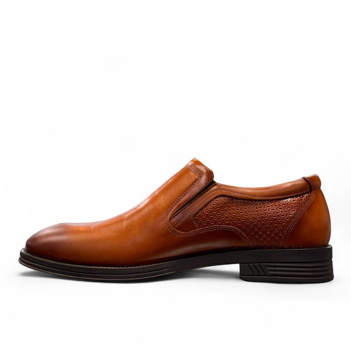 Atropat Parsa brown leather slip-on dress shoe with textured side panel and rubber outsole. Photo of right side view.