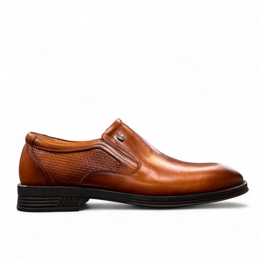 Atropat Parsa brown leather slip-on dress shoe with textured side panel and rubber outsole. Photo of left side view.