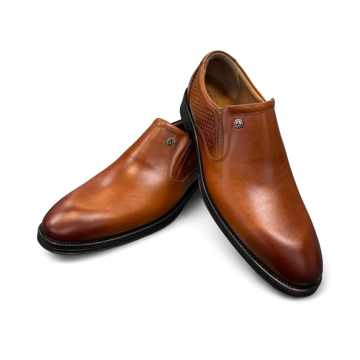Atropat Parsa brown leather slip-on dress shoe with textured side panel and rubber outsole. Photo of upper view.