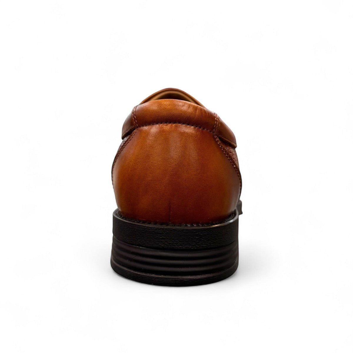 Atropat Parsa brown leather slip-on dress shoe with textured side panel and rubber outsole. Photo of back view.